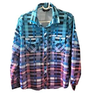 Chicme Plaid Button Down Shirt Blue Purple Gradient Size L